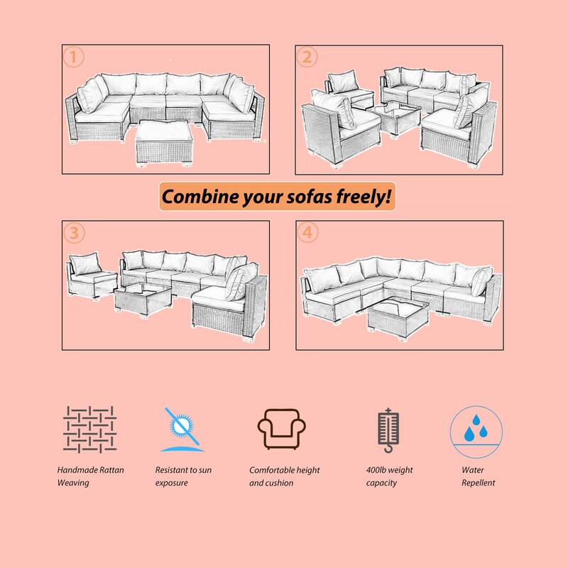 7-Piece Wicker Outdoor Sectional Set with Glass Table and Cushions