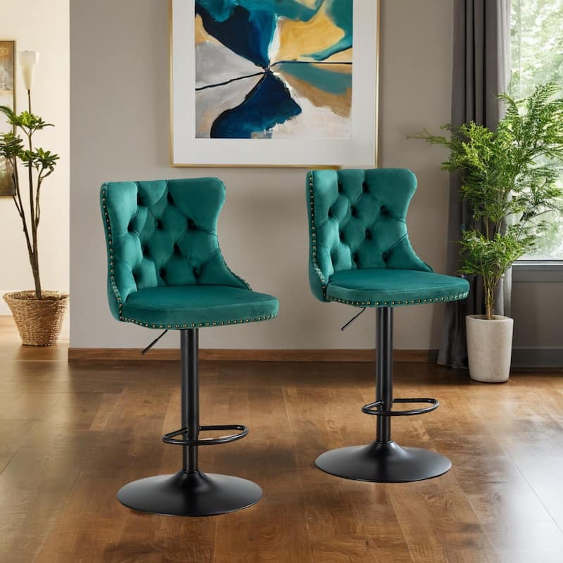 Swivel Velvet Barstools Adjusatble Seat Height from 25-33 Inch,17.7inch base, for Home Pub and Kitchen Island,Purple,Set of 2 - Green