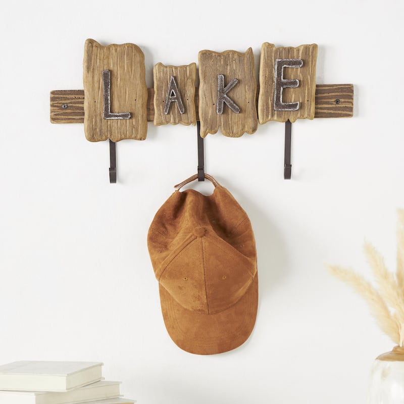Wood Handmade Live Edge Lake Sign 3 Hanger Home Wall Hook with Metal Accents - Brown - Roche River Decor