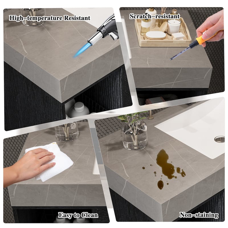 GDFStudio - Modern 39.4" Wall Mounted Floating Sintered Stone Bathroom Vanity with Seamless Ceramic Sink & Soft-Close Drawers