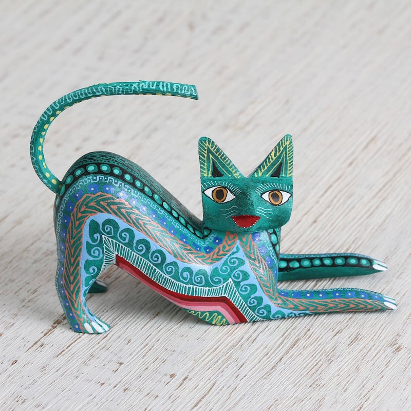 Novica Handmade Cat Stretch Wood Alebrije Figurine - 3.9" H x 5.25" W x 1.5" D