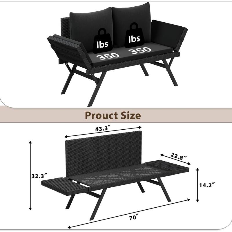 BOSSIN All-Weather Rattan Convertible Daybed - Outdoor Sofa w/ Adjustable Arms & Waterproof Cushions - Patio, Poolside, Porch