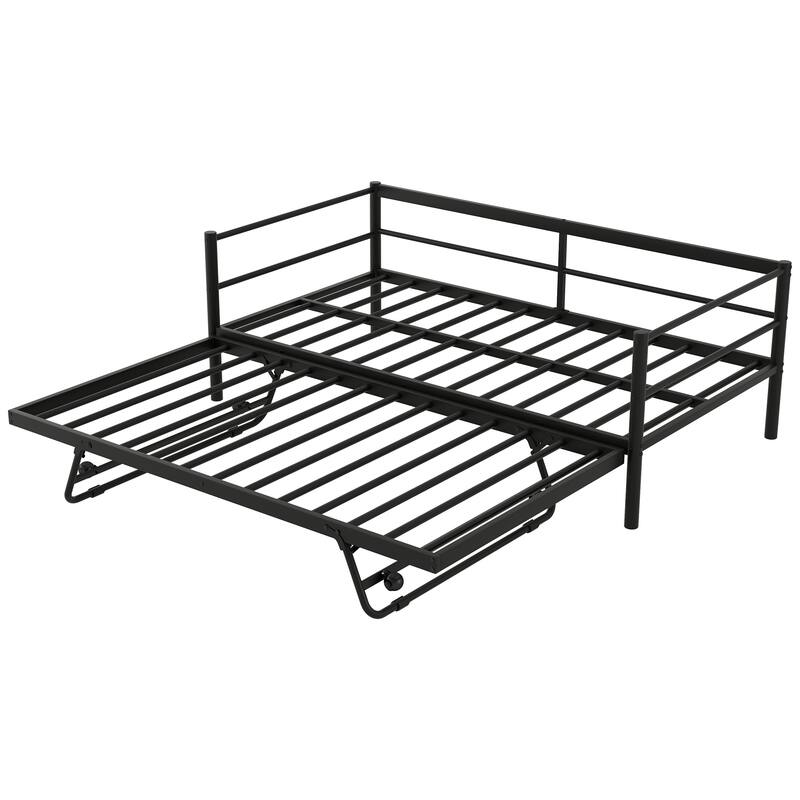 Twin Size Metal Daybed with LED and Adjustable Trundle, Pop Up Trundle
