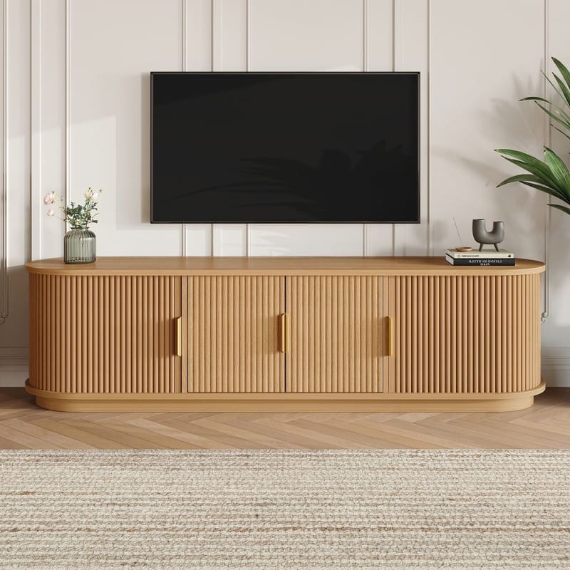 Farmhouse Wooden TV Stand up to 75" with Sliding Door and Adjustable Shelves for Modern Home Entertainment - Natural