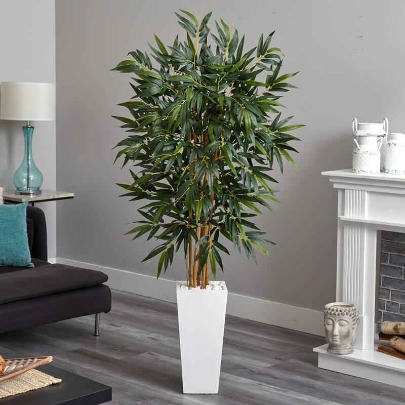 Artificial Bamboo Tree 6ft Indoor Tropical Plant in White Planter - Lush Green Foliage Home Decor - 61 Inches and Over