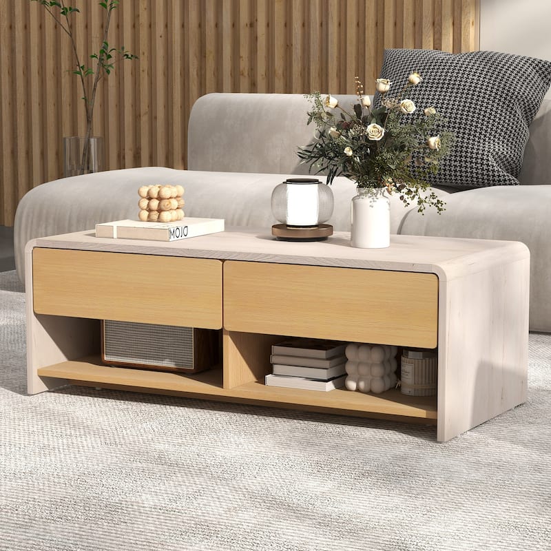 Modern Coffee Table with Hidden Handle 2 Drawers and Open Shelves for Living Room - 43" x 20" x 15"