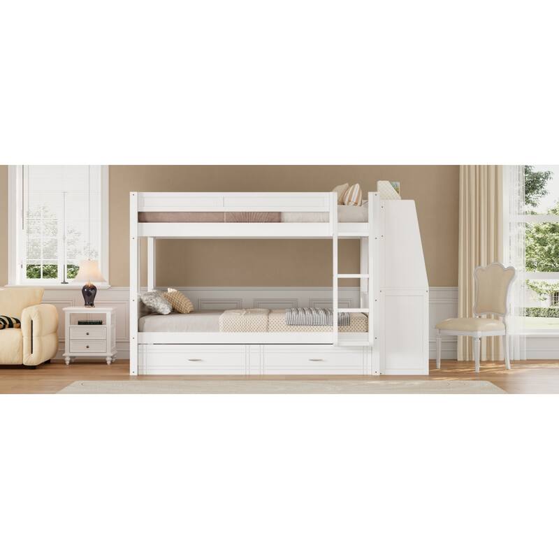 Roomfitters Full Over Full Bunk Bed with Built-In Desk, Bookshelves and Trundle