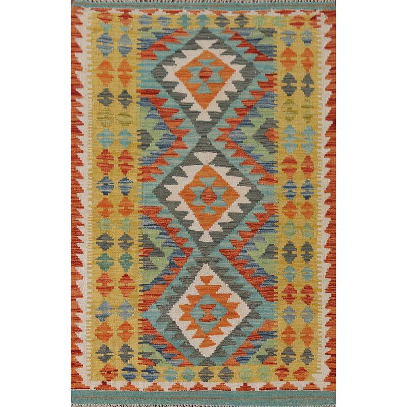 Hand Woven Oriental 100% Wool Carpet Southwestern Geometric Multi-Colored Kilim Area Rug - 5' 3'' X 3' 2''