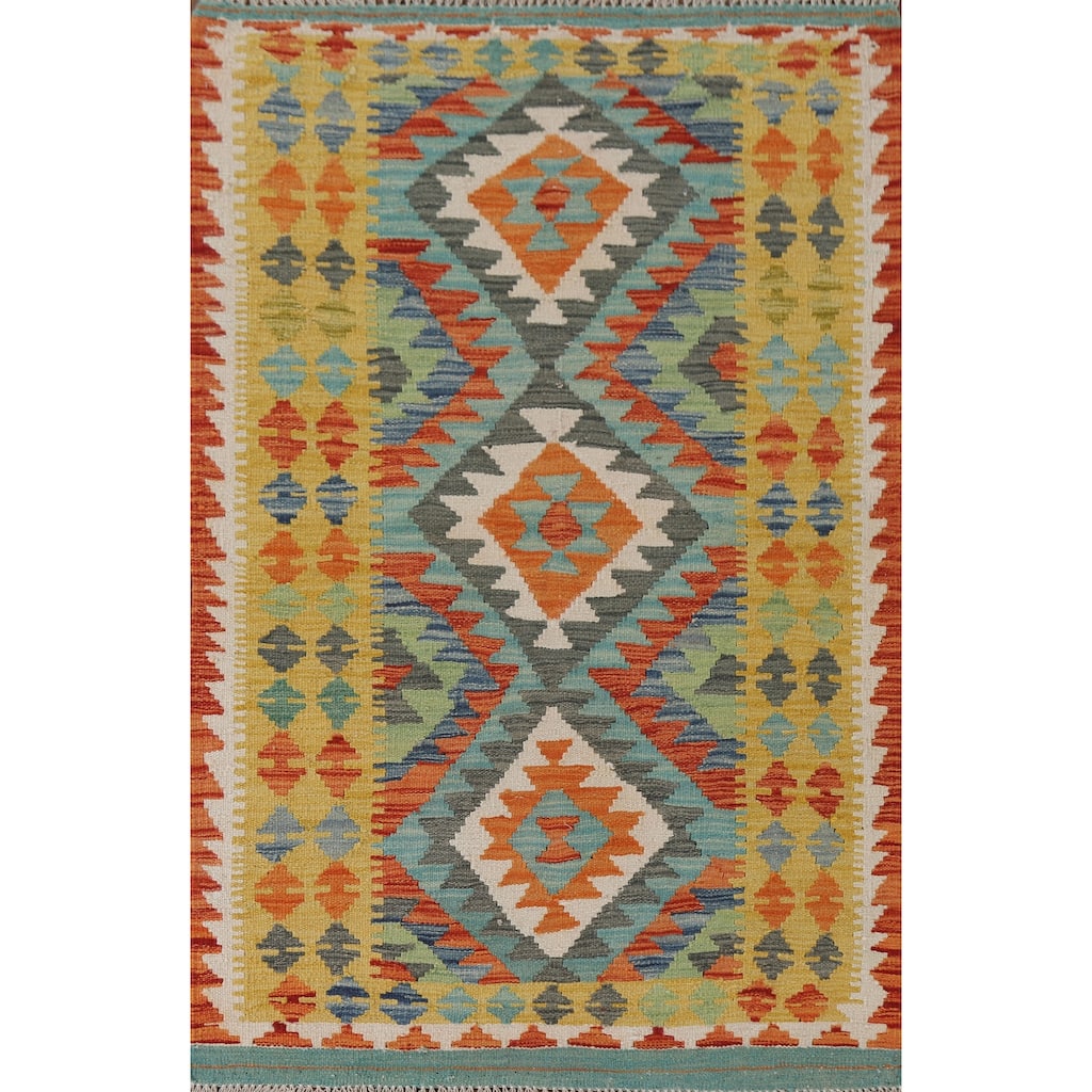 Hand Woven Oriental 100% Wool Carpet Southwestern Geometric Multi-Colored Kilim Area Rug - 5' 3'' X 3' 2''