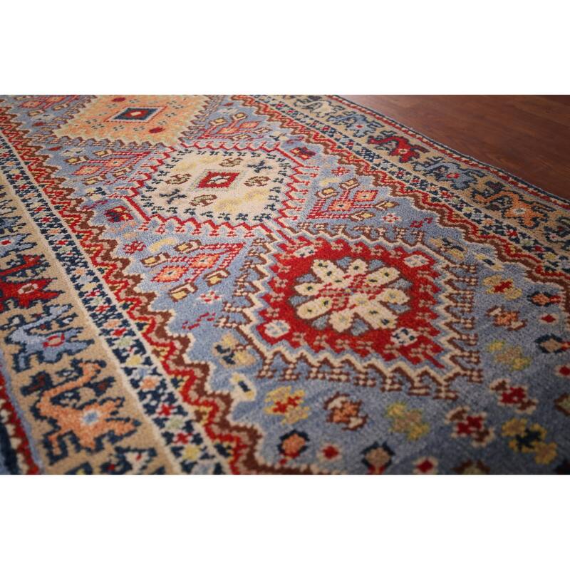 Light Blue Kazak Oriental Runner Rug Handmade Wool Carpet - 2'7"x 8'0"
