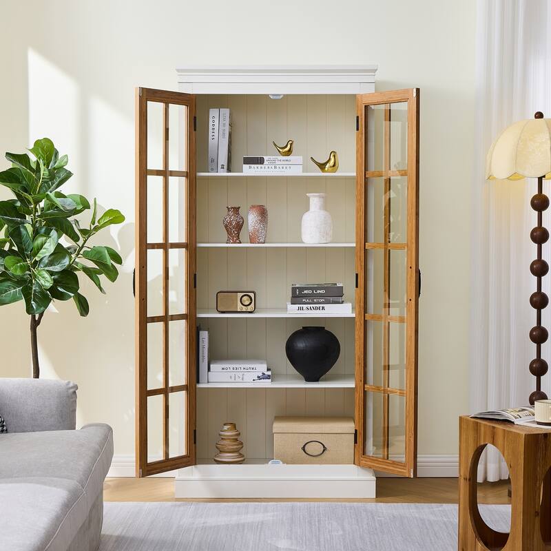 71.2" Farmhouse Pantry Cabinet with Glass Doors, Adjustable Shelves, and Lattice Window Display