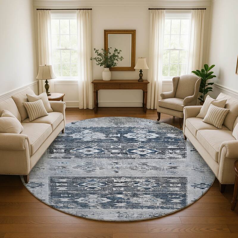 Premium Washable Super Soft Global Icon Mayfield Rug - Blue - 8' x 8'