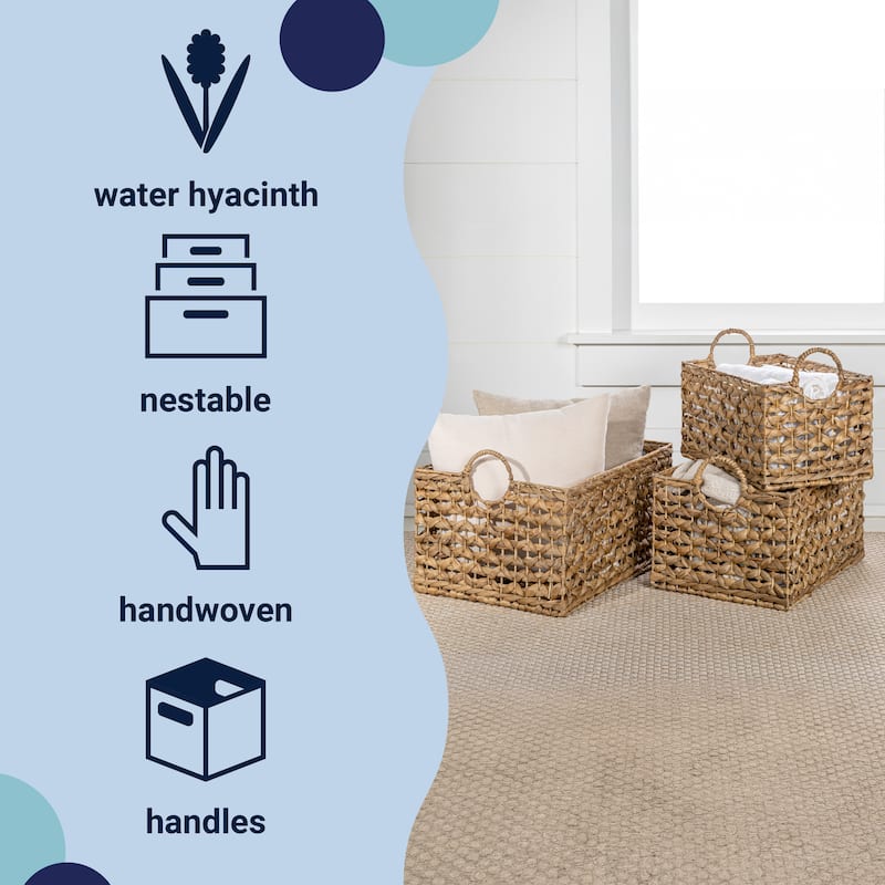 Woven Hyacinth Rectangular Storage Baskets with Handles (Set of 3)
