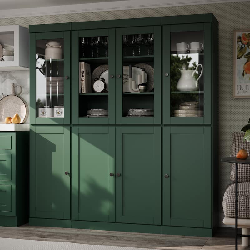 Palace Imports 100% Solid Wood 65" Pantry Cabinet with Clear Glass, Shaker Doors and Adjustable Shelves - Green