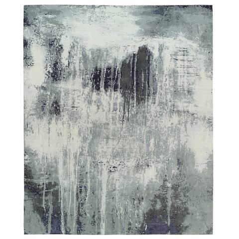 Hand Knotted Black Modern and Contemporary with Wool & Silk Oriental Rug (12'1" x 15') - 12'1" x 15'