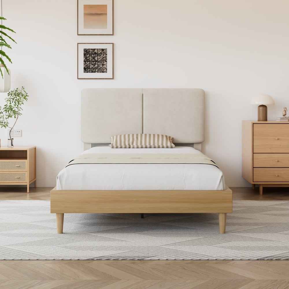 Javlergo Upholstered Bed Frame with Linen Fabric Adjustable Headboard Strong Wood Slats Supports No Box Spring Needed
