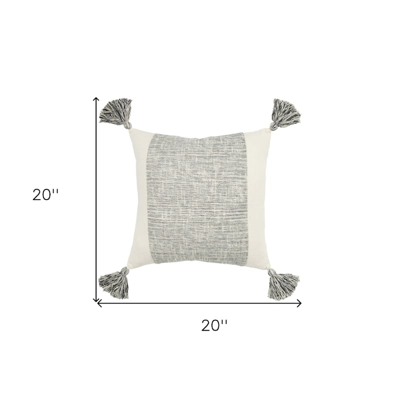 HomeRoots 20" Gray and Ivory Cotton Pillow With Tassels Edges