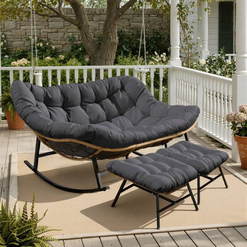 60" Double Papasan Rocking Chair for 2, 700-lb Capacity Wicker Egg Rocker with 5.1" Thick Cushion - 3-Piece (Chair + Ottoman) - Grey