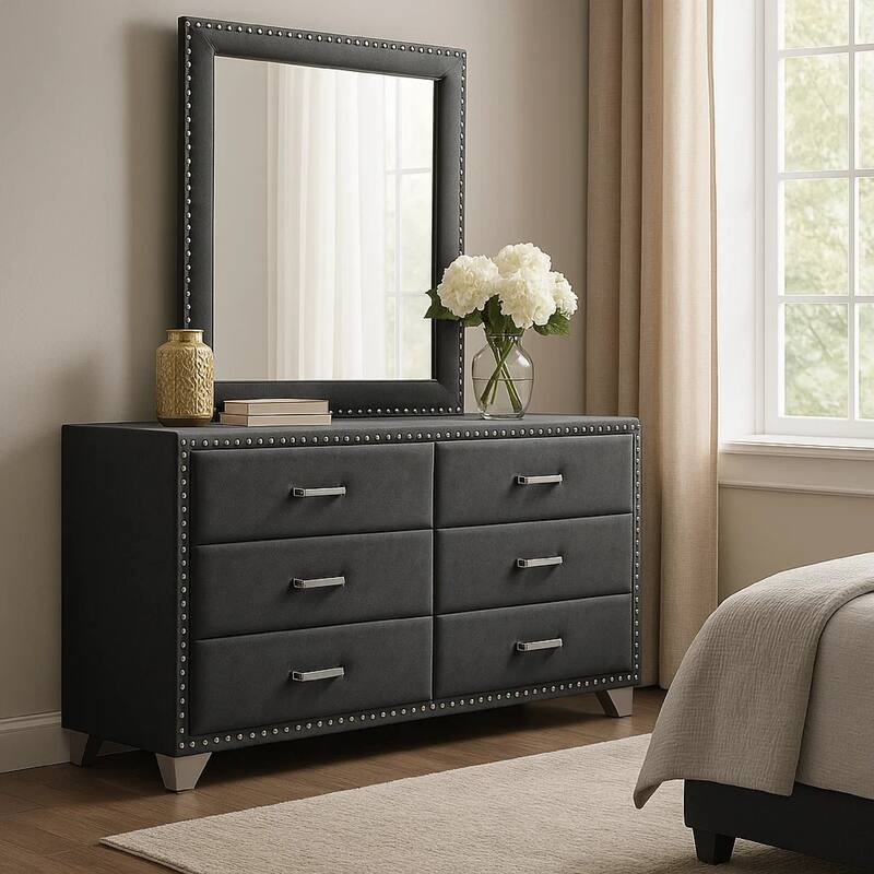 Giya Wide Dresser with Rectangular Rivet Trim Mirror, Gray Velvet