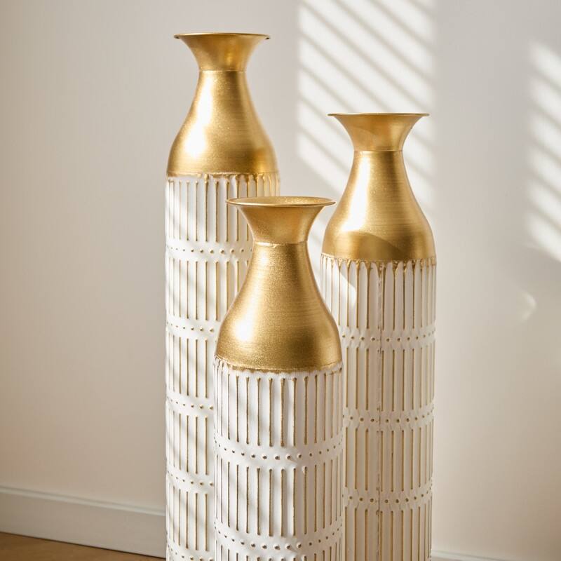 Set of 3 Tall White & Gold Metal Cylinder Vases - Glam Geometric Floor Vases for Modern Home Decor (24", 28.7", 33.4" Heights)