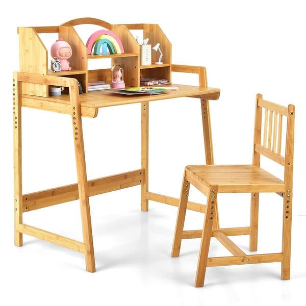 slide 2 of 11, Costway Bamboo Kids Study Desk And Chair Set Height Adjustable Home - See Details Natural - See Details