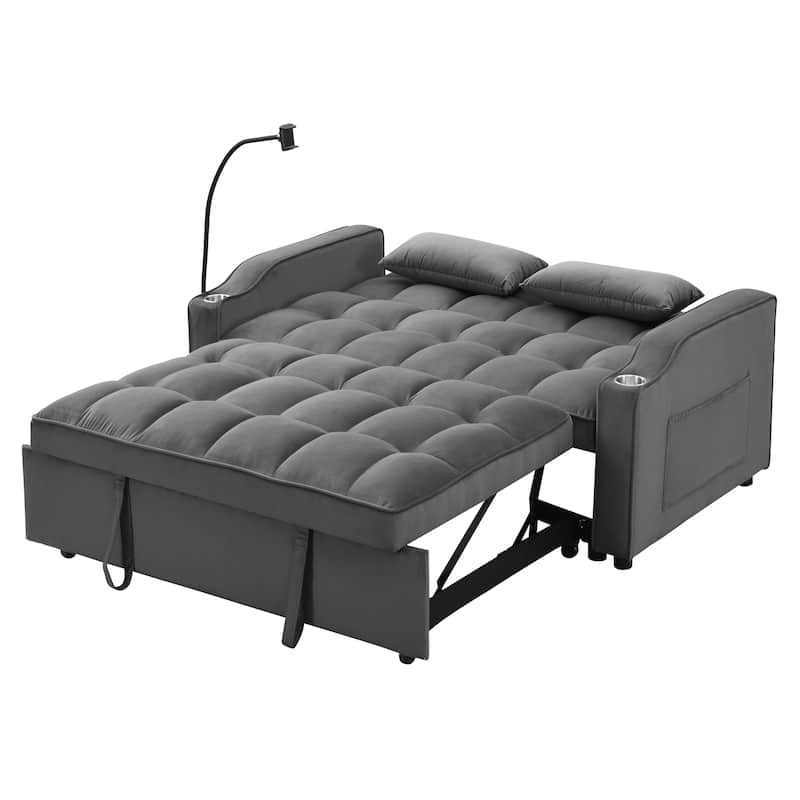 Foldable Sofa Bed with USB and Phone Holder, 2-Seat Settee with Two Pillows, Love Seat Couch with Adjustable Backrest