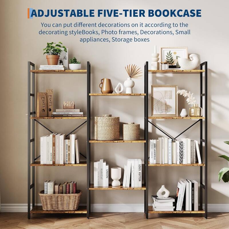 Triple Column 4-Tier Bookshelf, Bookcase with 11 Open Storage Display Shelves