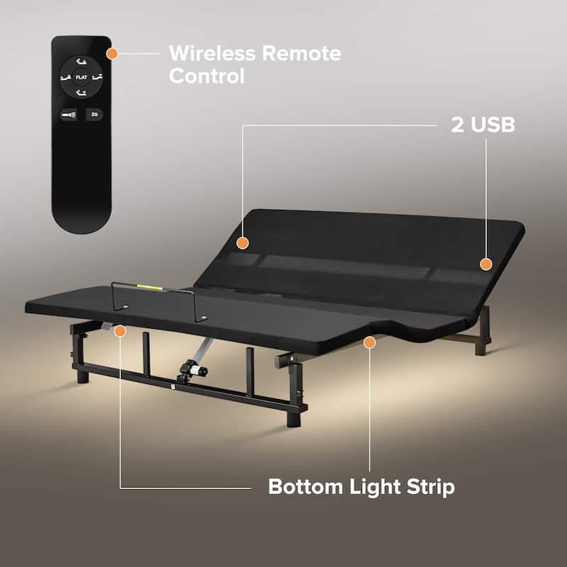 King Size Foldable Bed Premium Adjustable Bed Frame with Wireless Remote, USB Charging & Underbed Lighting