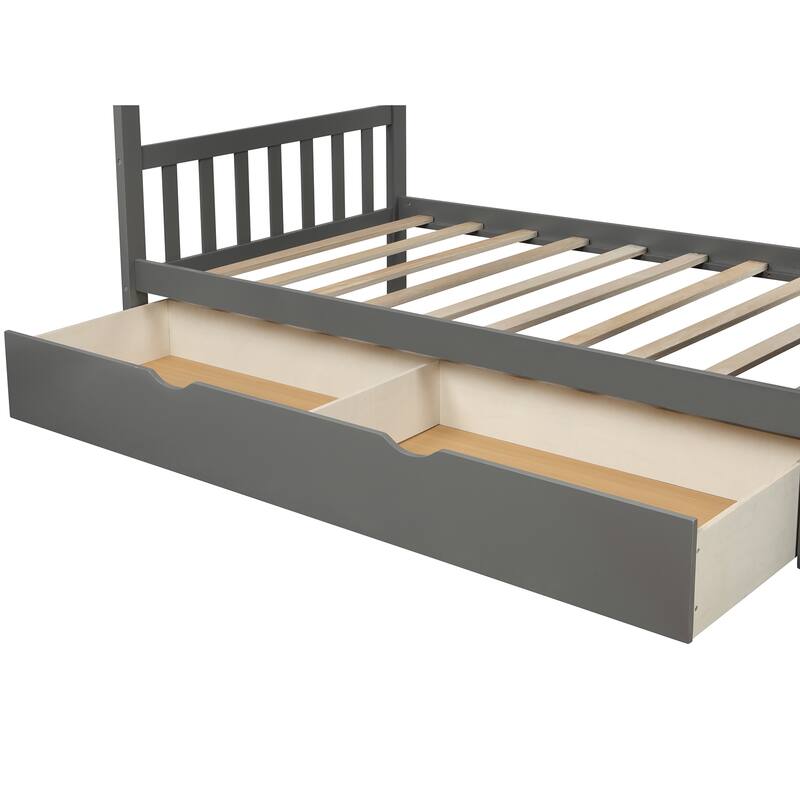 Twin Over Full/Twin Wood Bunk Bed with Convertible Bottom, Drawers, and Guardrails