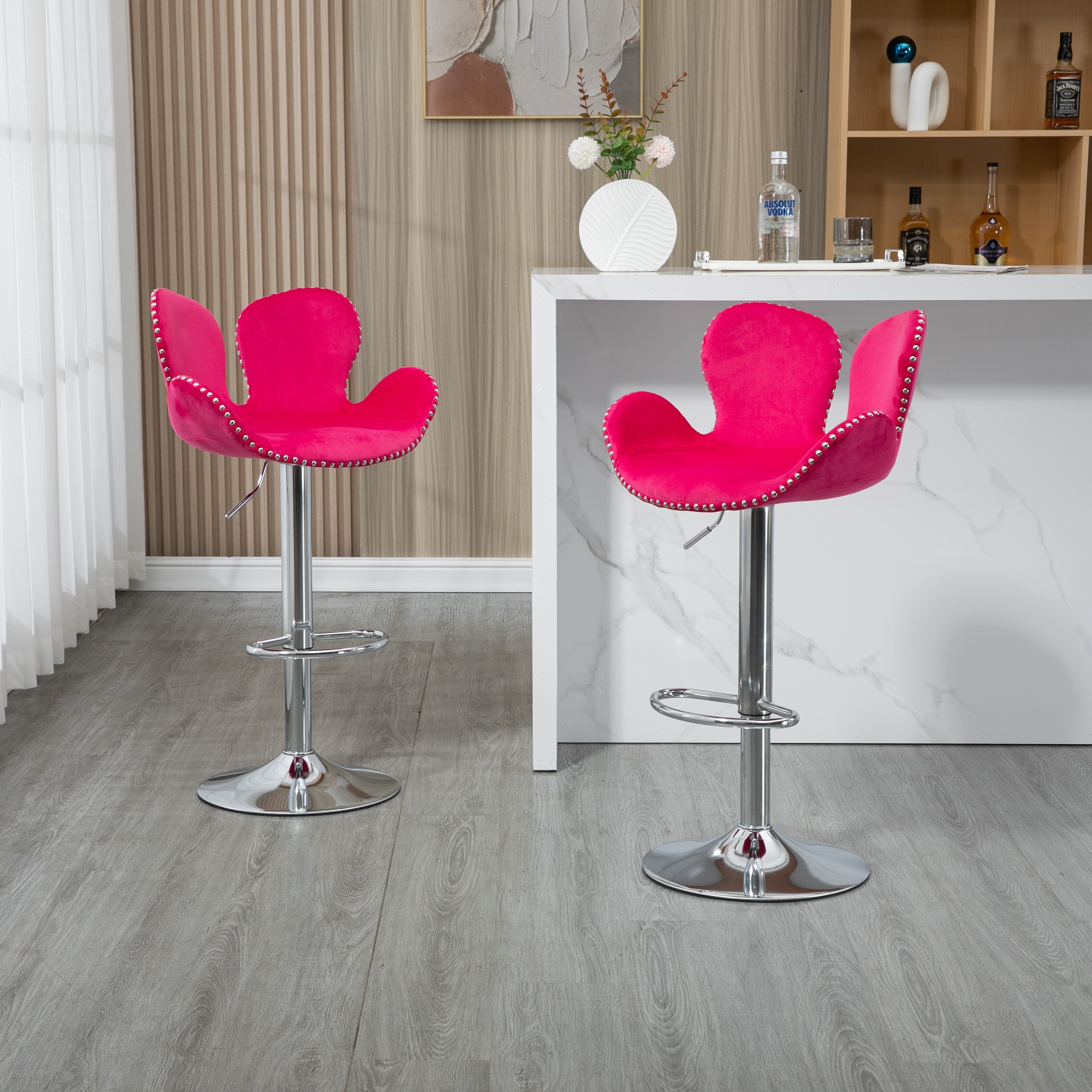Velvet Swivel Adjustable Height Petal Bar Stools With Footrest set