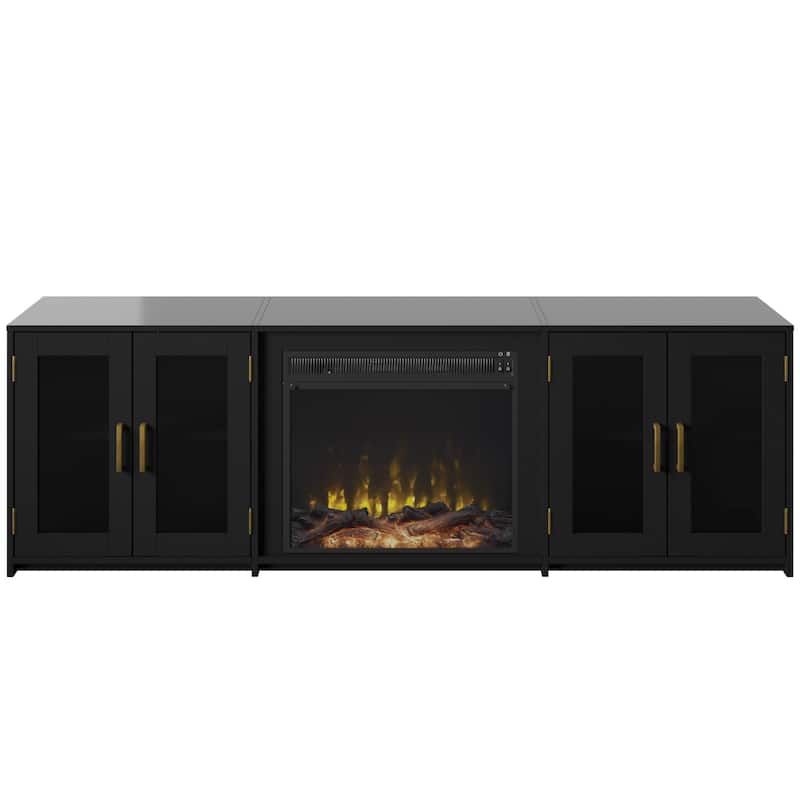 TV Stand for TVs up to 80" with Electric Fireplace and Glass Cabinet Doors