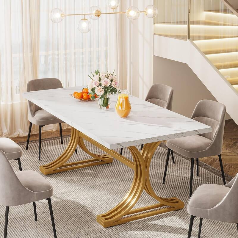 63-Inch Large Rectangular Dining Table, Modern Faux Marble Kitchen Table for Dining Room