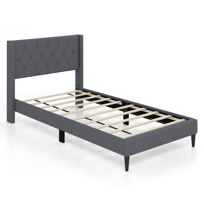 Upholstered Platform Bed with Button Tufted Wingback Headboard - Grey - Twin