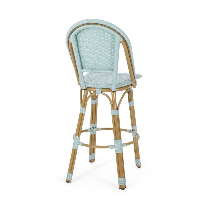 Roomfitters French Bistro Bar Stool Set of 2, 29.5'' Outdoor PE Rattan and Aluminum Counter Chairs with Footrest, Teal Blue