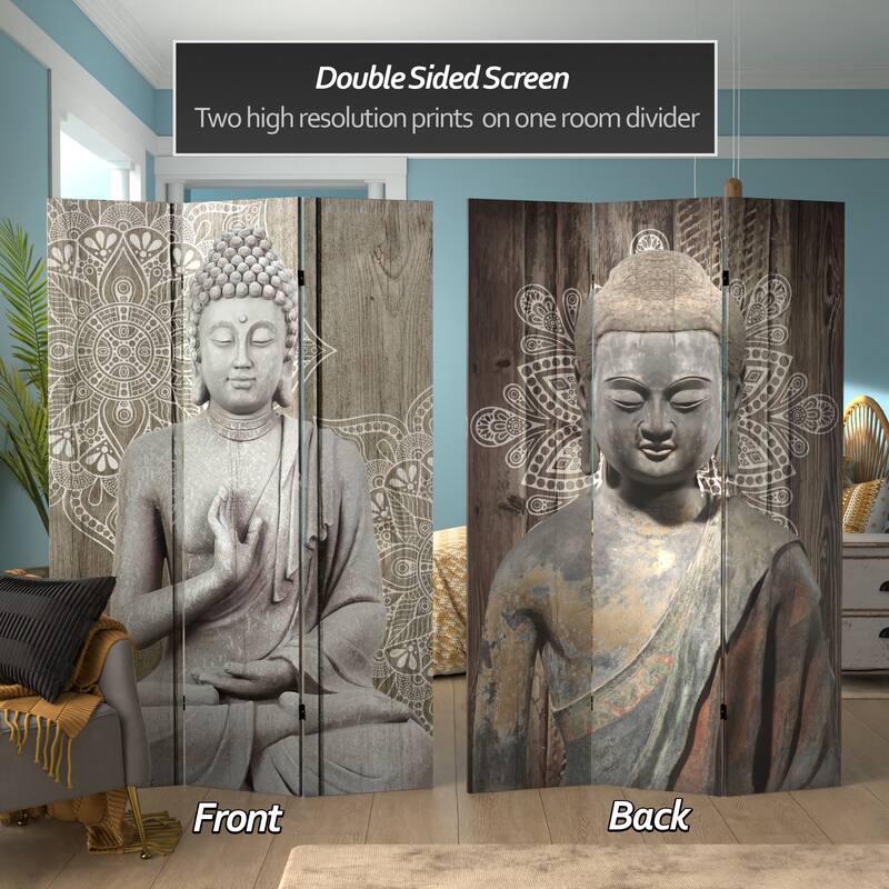 Handmade 6' Double Sided Stone Buddha Canvas Room Divider