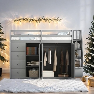 Functional and Stylish Full Size Wood Loft Bed With Built-in Wardrobes, Cabinets and Drawers, Customizable Configuration, Gray