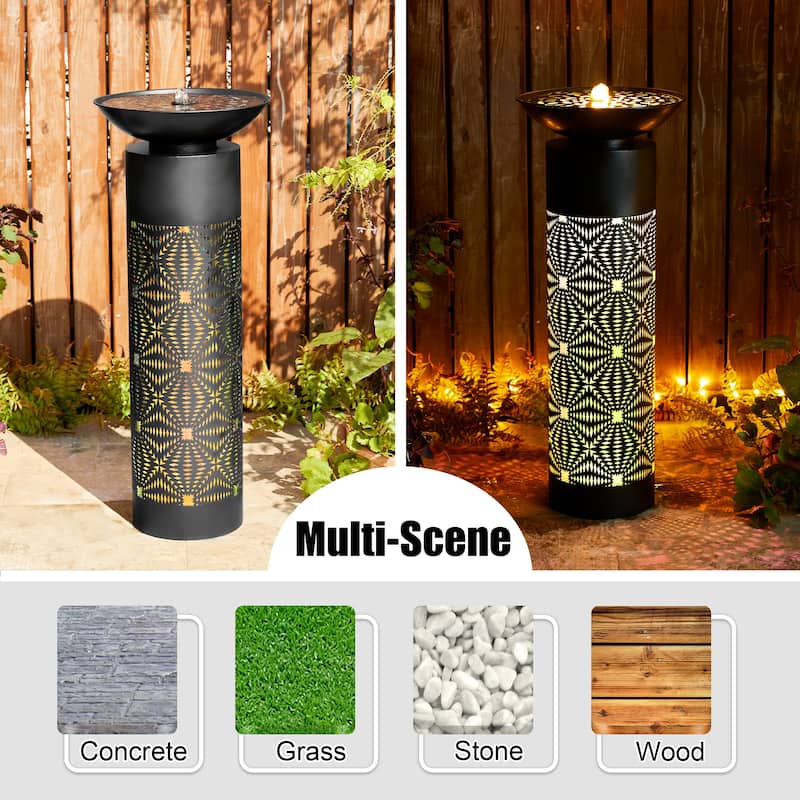 Glitzhome 24"H/35"H Metal Modern Cutout Pattern Outdoor Floor Fountains with Laser Lighting