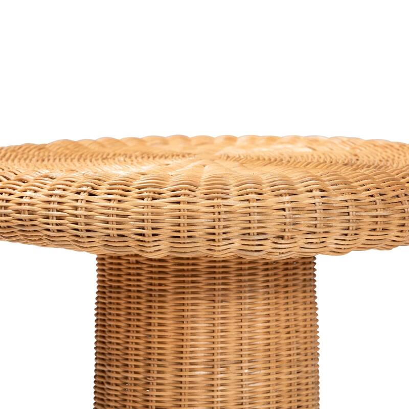 Avalon Scallop Natural Rattan Side Table - Handwoven Wicker Table with Skirted Base, Coastal Style for Living Room or Hallway