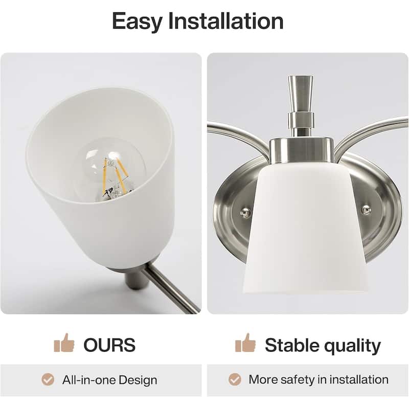 Brushed Nickel 3-Light Bathroom Vanity Light with Frosted White Jade Glass Shades