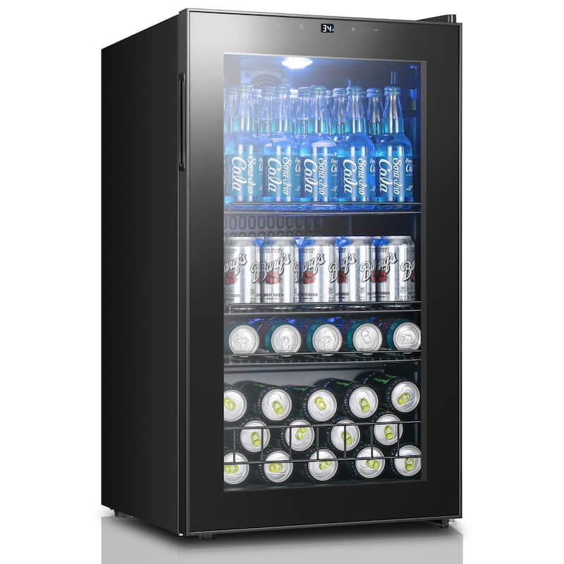 Yeego 3.4 Cu.Ft Beverage Refrigerator, Glass Door Cooler with LED Display, Quiet Compressor, 102-Can Capacity