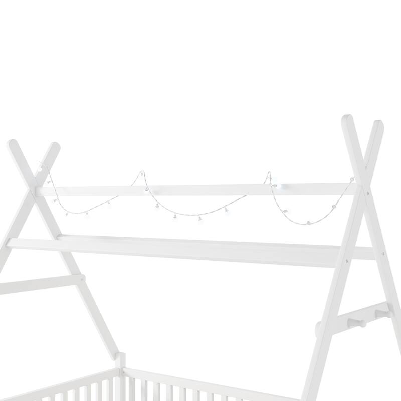 Full House Bed with Light, Low Floor House Bed with Fence and Roof for Kids, White