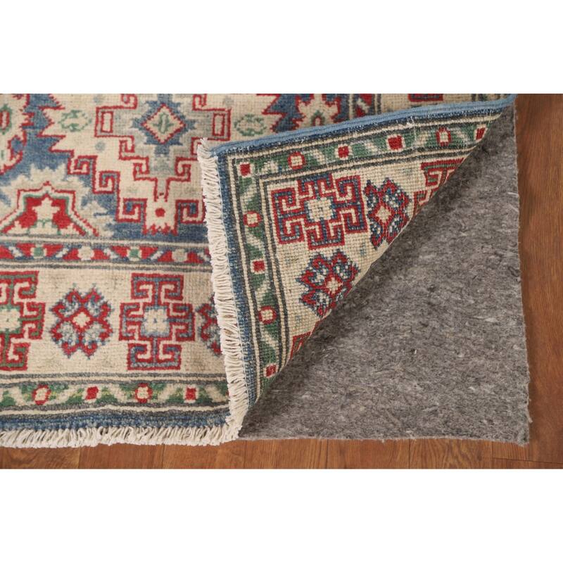 Geometric Kazak Runner Rug Hand-Knotted Blue Wool Carpet - 2'6" x 12'8"