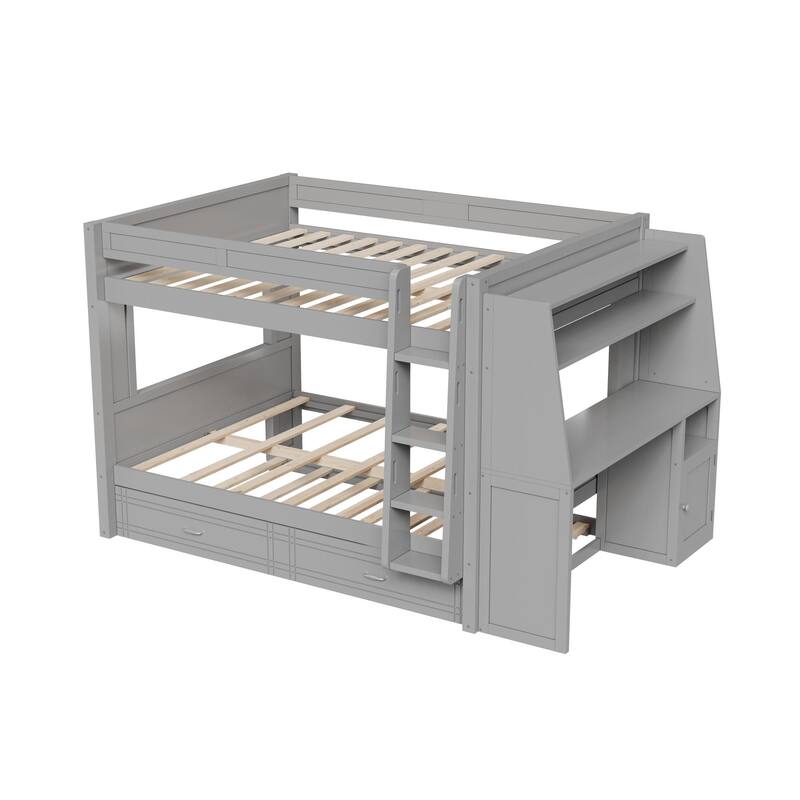 Full Size Multifunctional Bunk Bed Frame with Bookshelves, Desk and Cabinet, Optional with Pull-out Drawers or Trundle Bed
