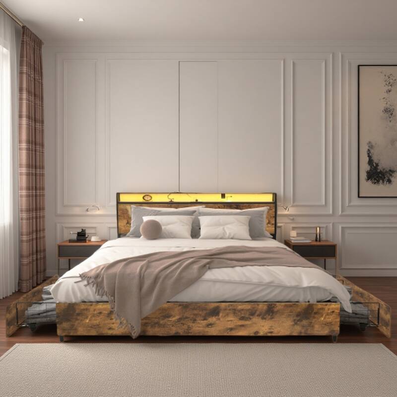 Full Size Bed Frame with Storage Headboard, Charging Station, LED Lights, Noise-Free, Easy Assembly, No Box Spring Required