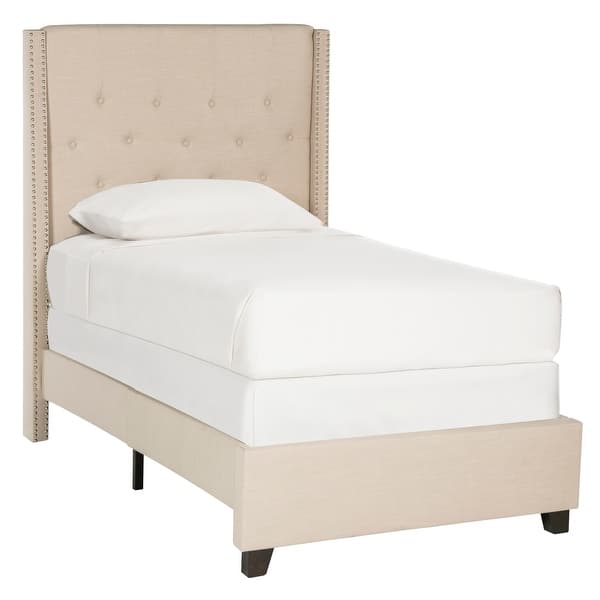 slide 1 of 2, SAFAVIEH Winslet Light Beige Linen Upholstered Tufted Wingback Bed (Twin)