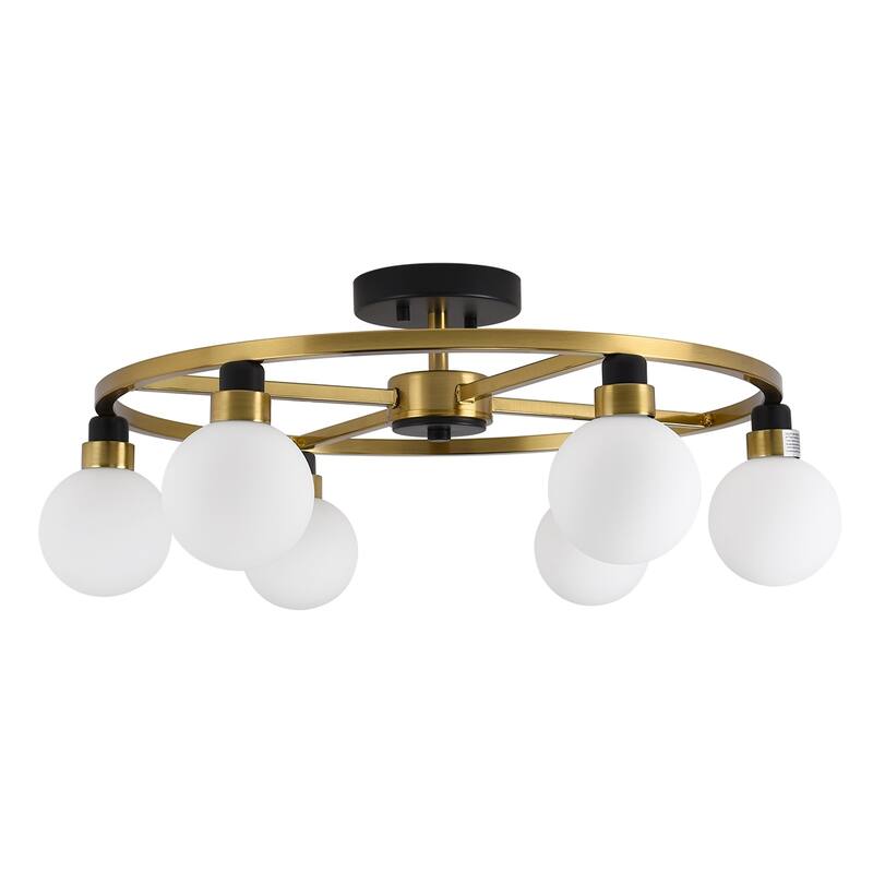 Dining Room 6 Light Flush Mount Light, Gold Black Frame Frosted Glass Globes - Polished Brass
