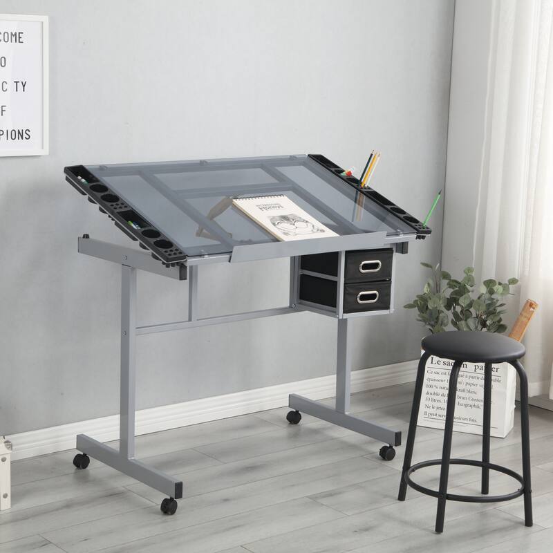 Modern Adjustable Drafting Table with Glass Top, 2 Slide Drawers, Anti-slip Wheels for Crafting & Drawing