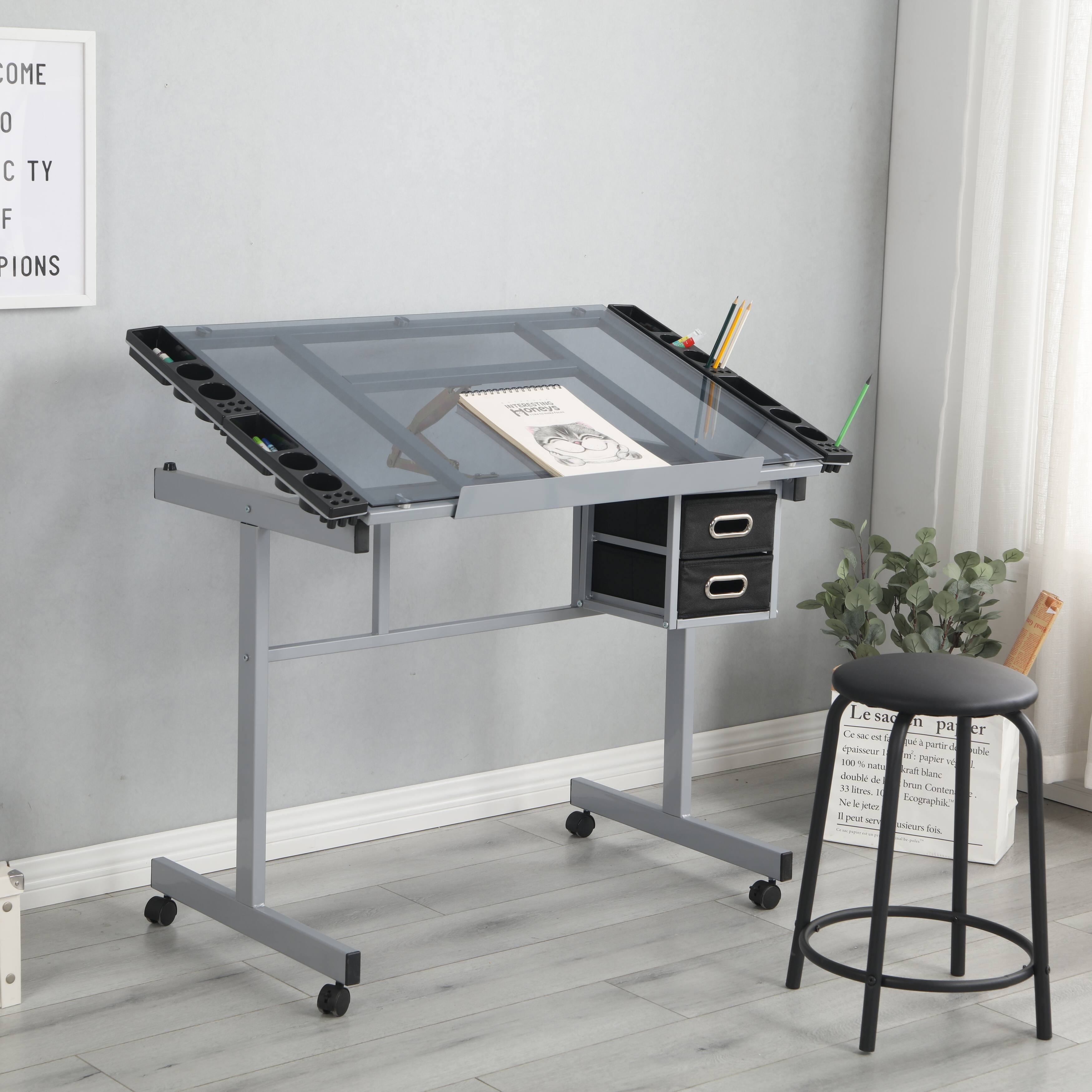 Modern Adjustable Glass Art Drafting Desk NonWoven Drawers, 4 Wheels
