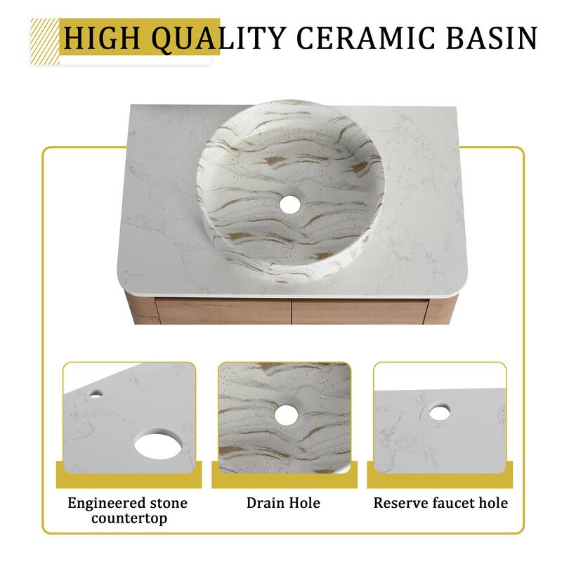 30'' Wall-Mounted Bathroom Vanity With Ceramic Art Sink & 2-Soft-Close Door, KD-Packing, Plywood