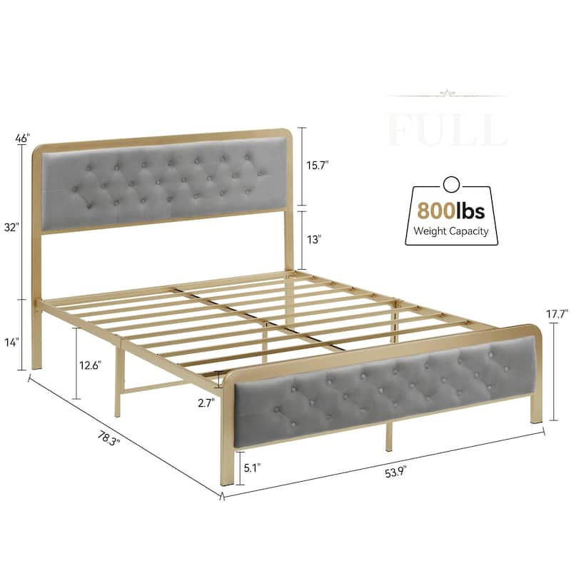 Upholstered Platform Bed Frame with Velvet Button-Tufted Headboard